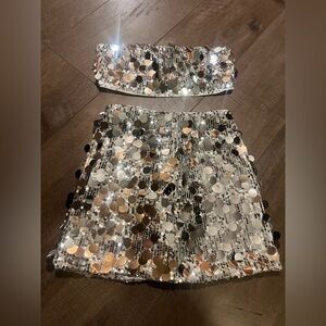 Shein Icon Sequin Embellished Skirt Set - Silver and Black